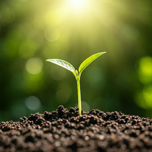 A small green sprout growing from the soil in morning light representing new beginnings